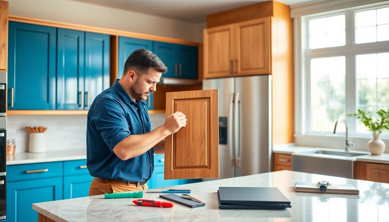 Cabinet Refacing Largo FL process in a modern kitchen with vibrant cabinets and bright lighting.