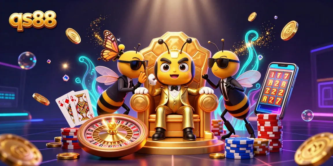 Experience high-stakes gaming at qs88 with a cartoon mob boss surrounded by dazzling casino elements.