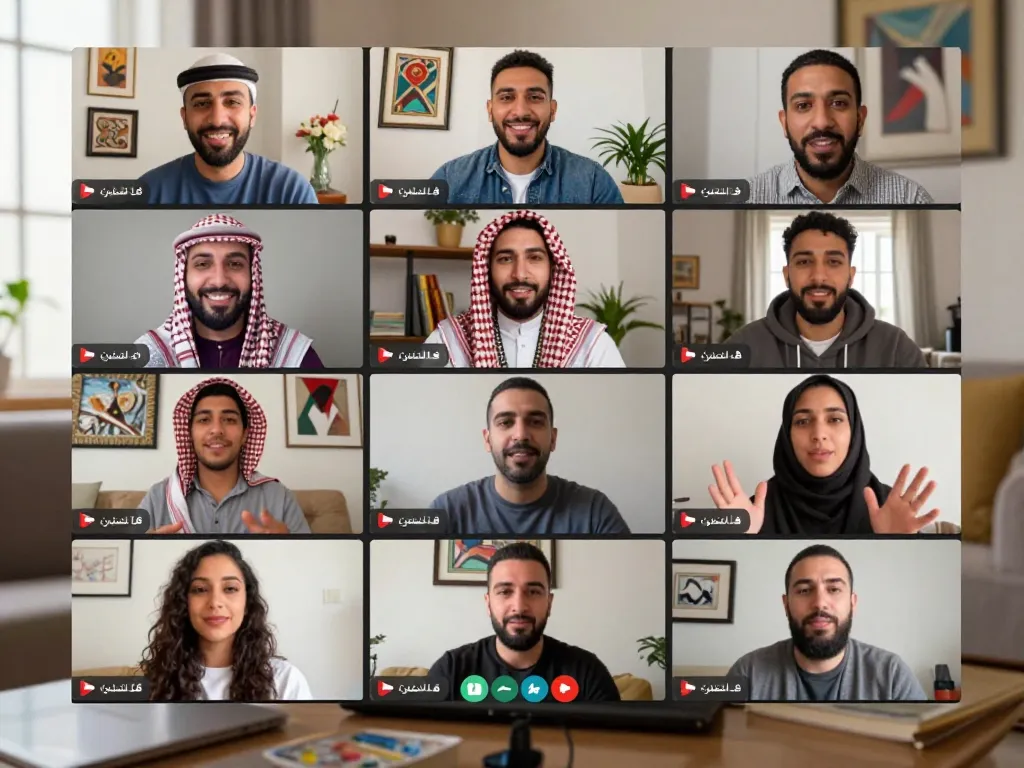 Enjoying دردشة فلسطين, diverse individuals in vibrant video chat sharing cultural backgrounds.