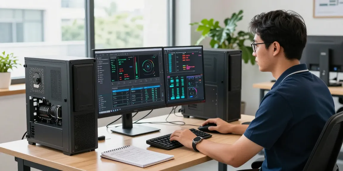 Technician working on a refurbished PC in a modern office.