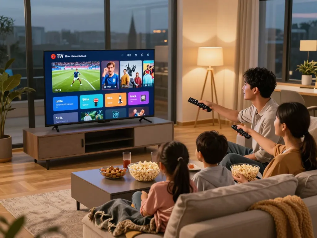 Capture of family enjoying IPTV deutschland in a cozy living room, engaging with 4K content together.