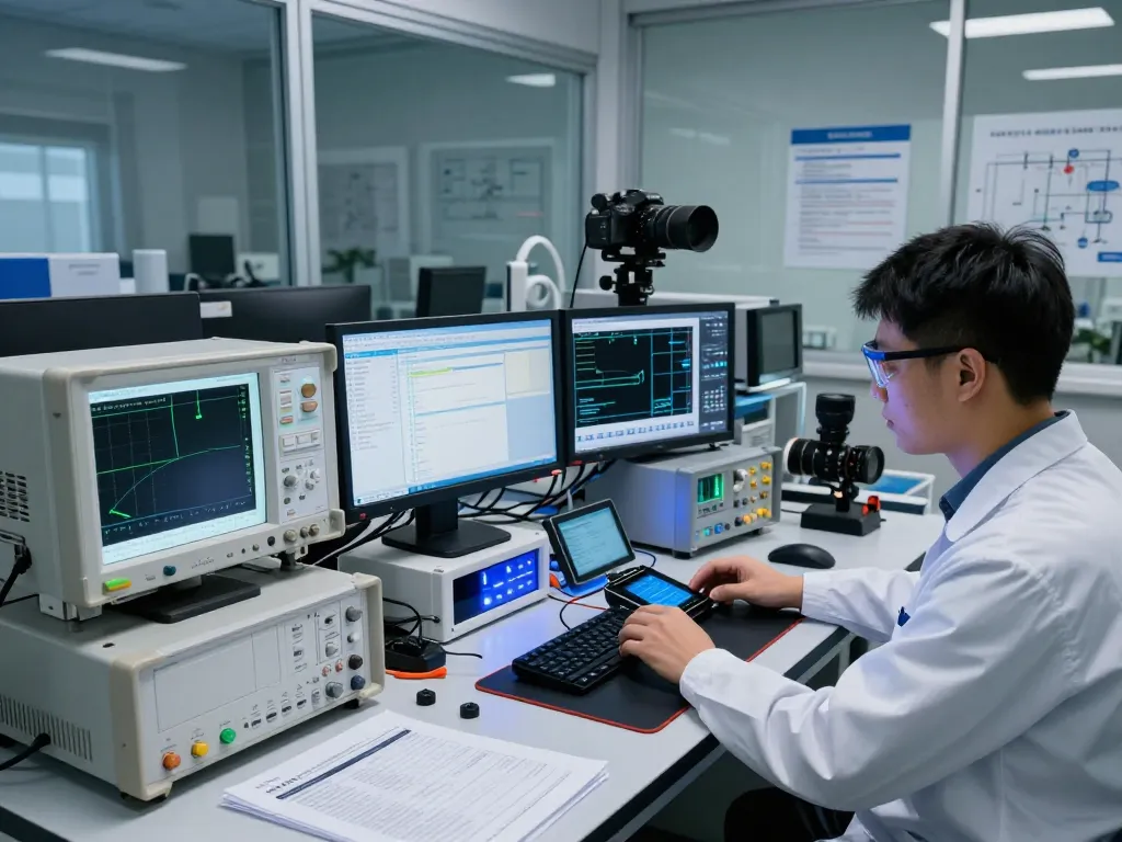 Engineer performing FCC compliance testing in advanced EMC lab.