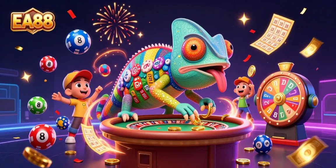 Win big with EA88 while the colorful chameleon casino owner manages games and prizes, showcasing vibrant energy.