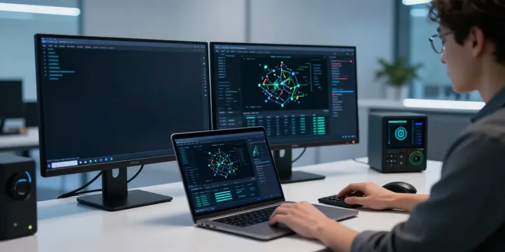 web app va vulnerability assessment on a dual-monitor setup in a cybersecurity workspace