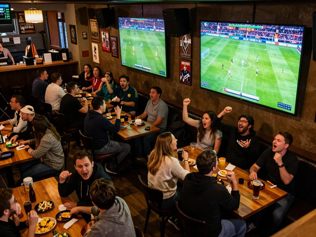 xem bóng đá trực tiếp at a lively sports bar with excited fans celebrating