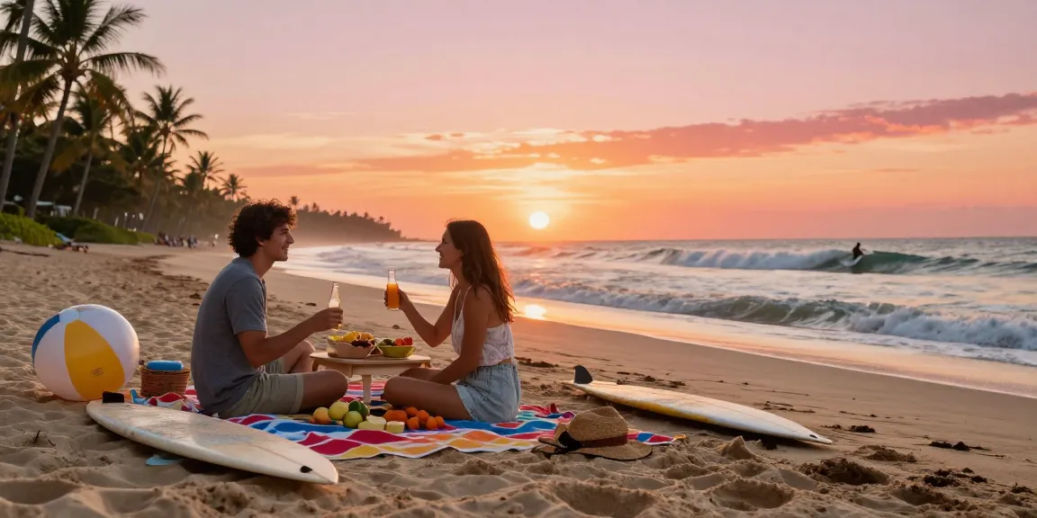 Couple enjoying a sunset picnic on the beach, rokok88 vibes of relaxation and tropical adventure.
