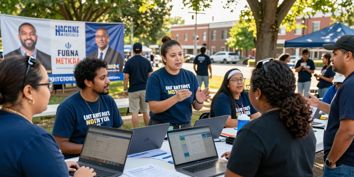Recall campaign consultant assisting diverse volunteers in a vibrant community event, analyzing voter data.