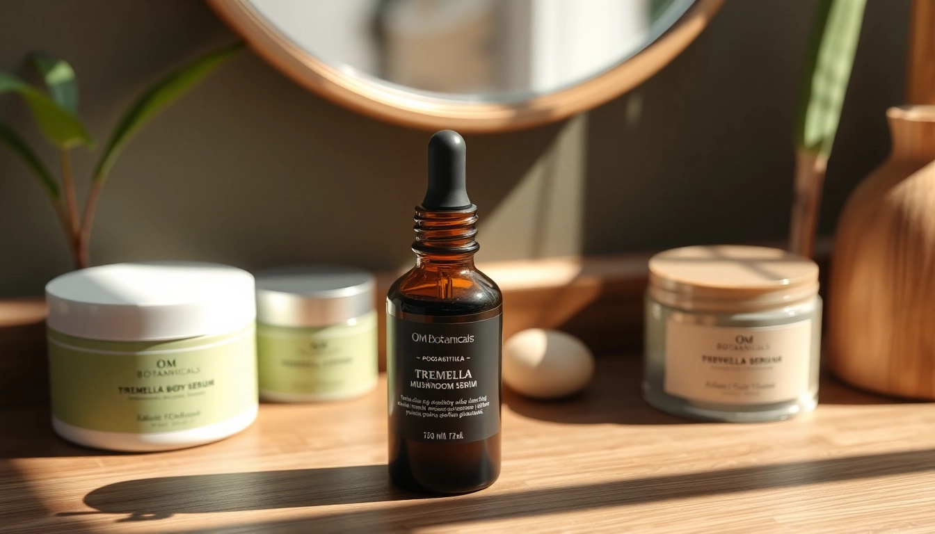 Tremella mushroom serum displayed with complementary skincare products in a serene setup.