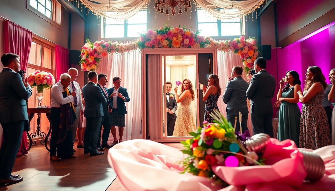 Engaging setup of a photo booth rental at an event, showcasing vibrant decor and joyful guests.