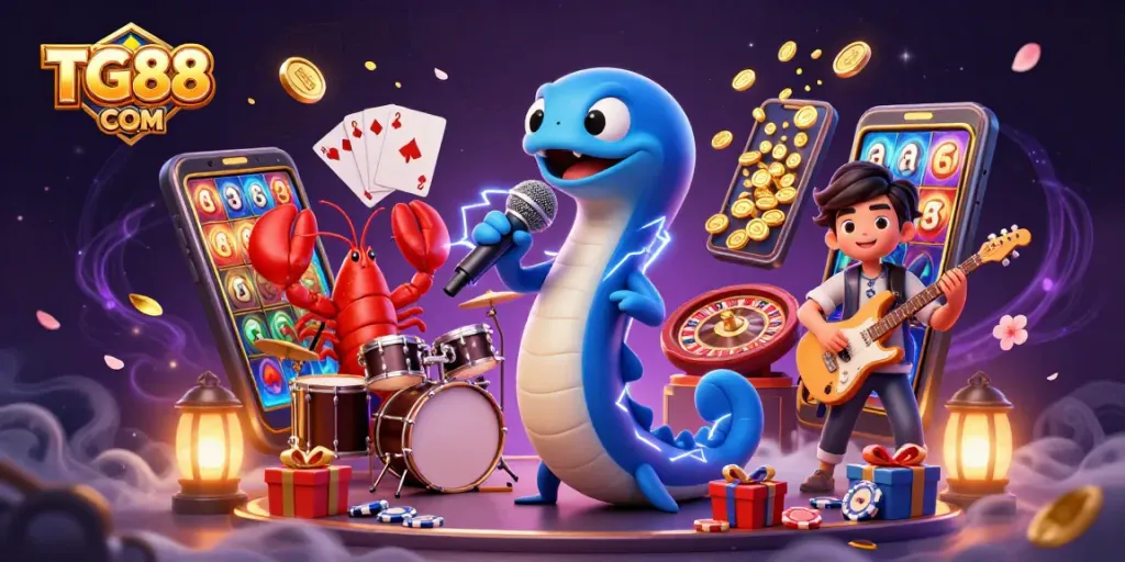Engage with TG88 COM through an electrifying underwater casino performance featuring themed characters and dynamic game elements.