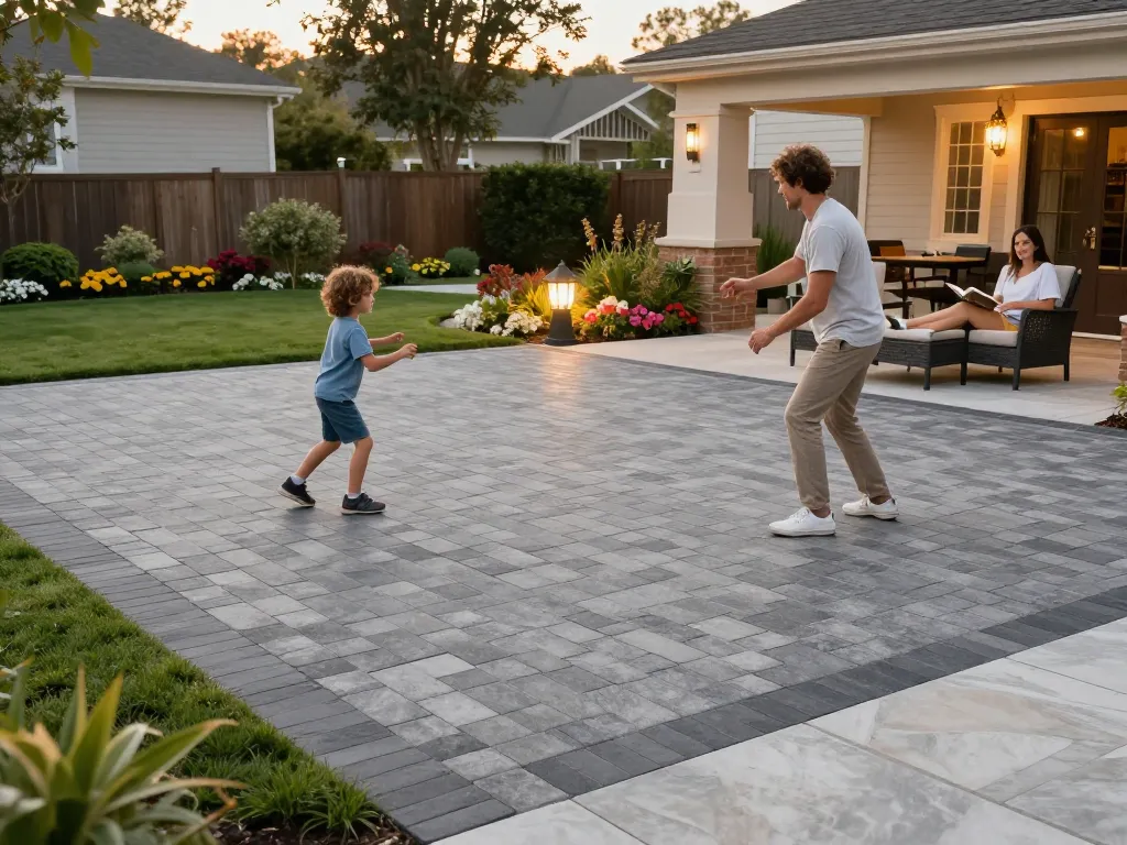 Paver driveway near me with family enjoying outdoor space, showcasing durability and elegance in landscaping.