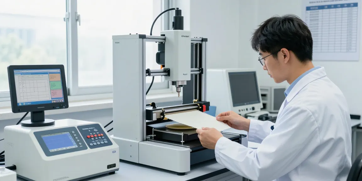 Technician using the Elmendorf tear tester for precise measurement of fabric strength in a high-tech lab.