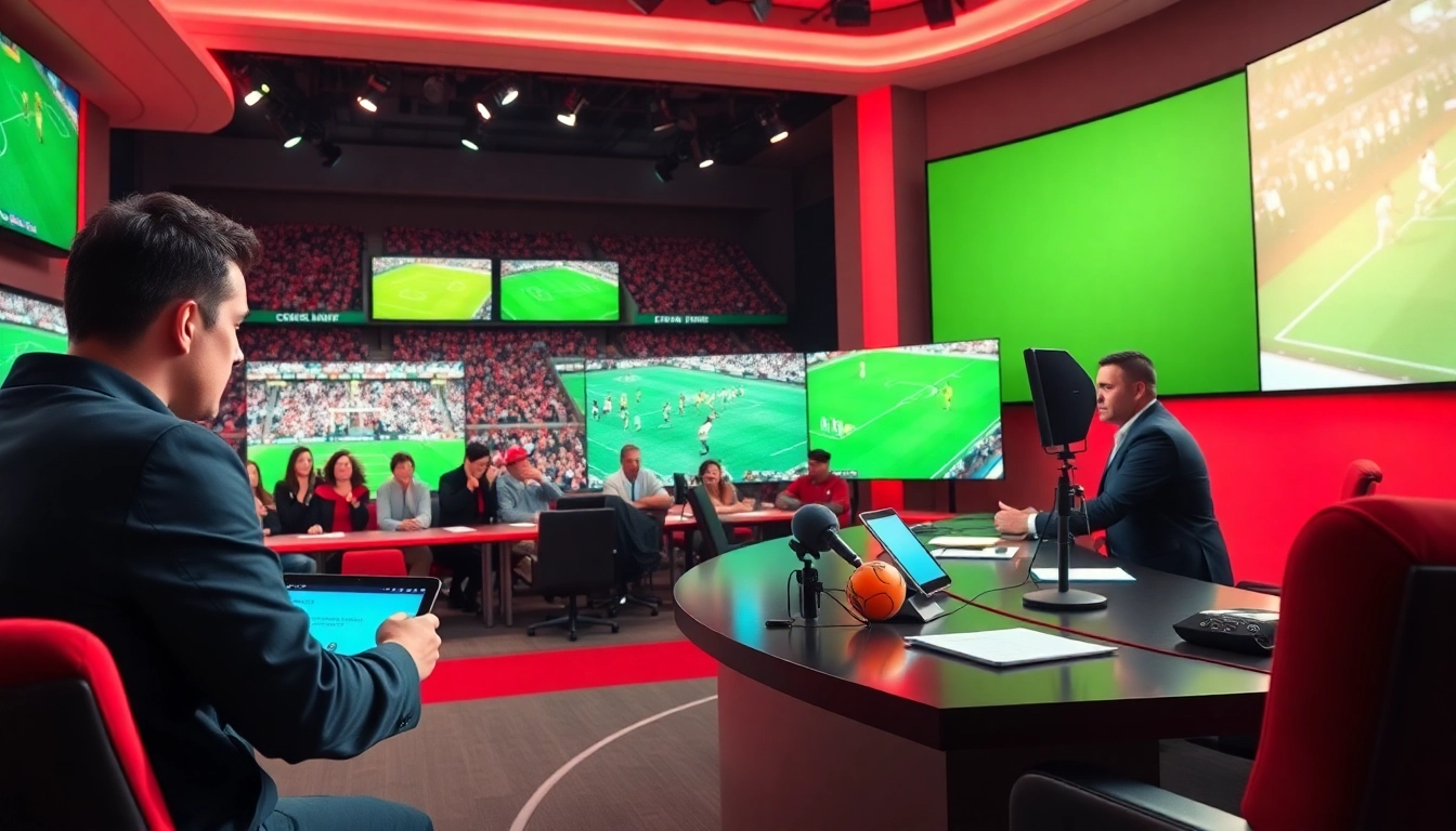 Engaging sports broadcasting anchor in a vibrant studio showcasing live events with technology.