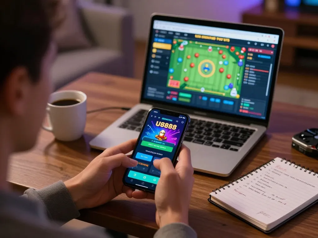Engaging with U8888 casino app in a comfortable home setting, showcasing responsible gambling.