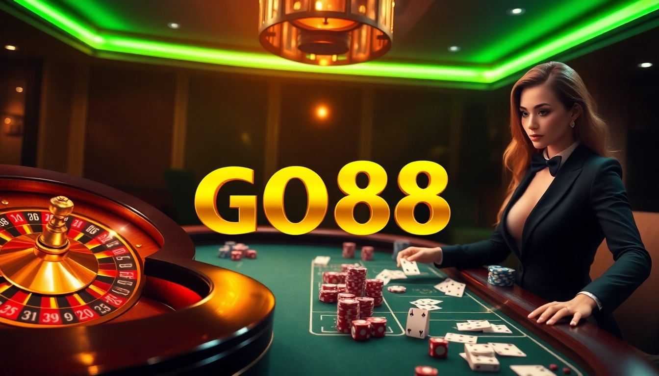 Engaging gambling scene featuring the GO88 logo, luxury casino elements like roulette wheel and poker table.