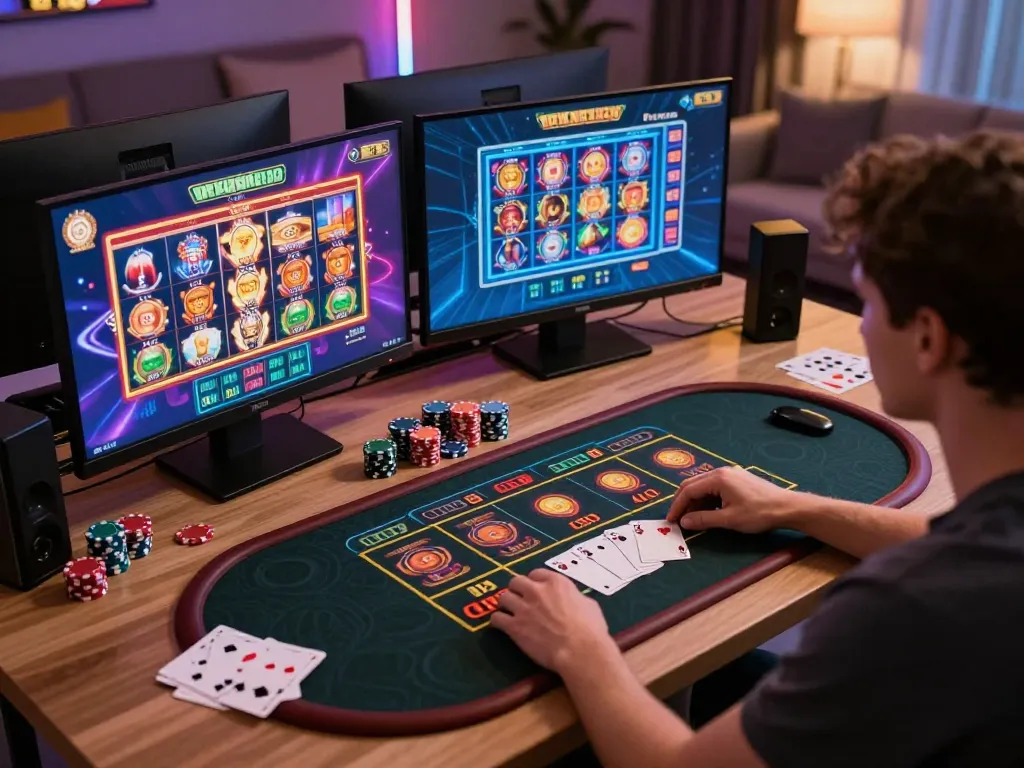 Engaging online gambling session with FC88 gaming screens glowing amidst a cozy atmosphere.