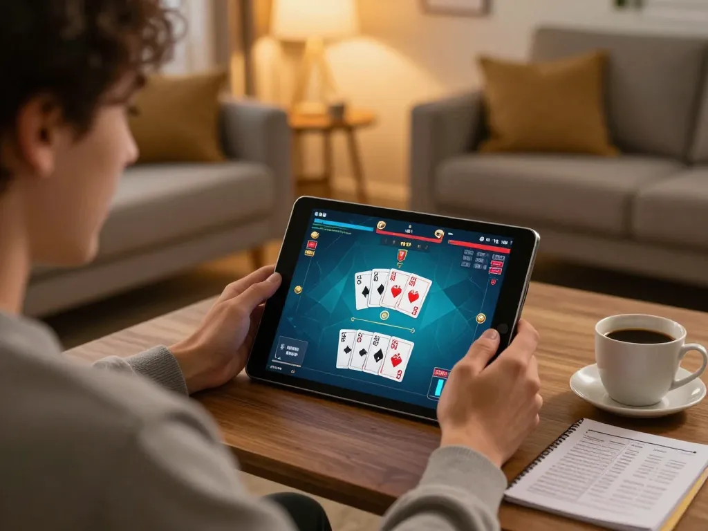 Player engaging with the RR88 mobile app, enjoying an online casino experience with warm home ambience.