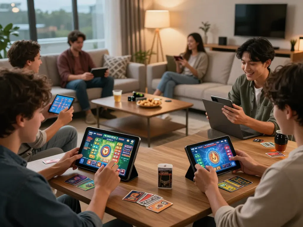 Engaged players enjoying rikvip online gaming on various devices in a vibrant, social setting.