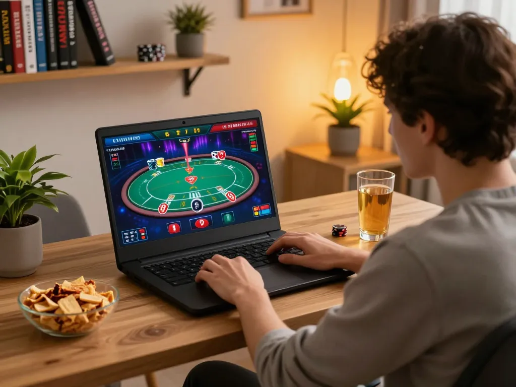 Player enjoying an online casino game on laptop at home with man club atmosphere.