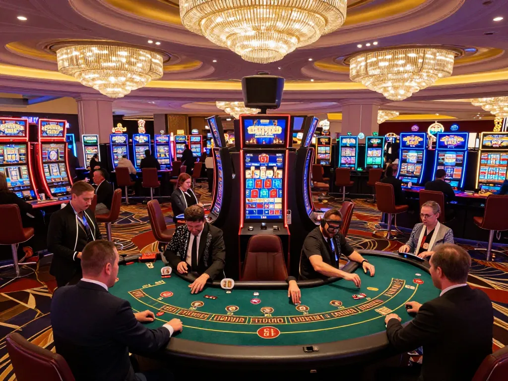 Exciting gaming action at go8 casinos with players engaged in blackjack amidst vibrant lighting and lively atmosphere
