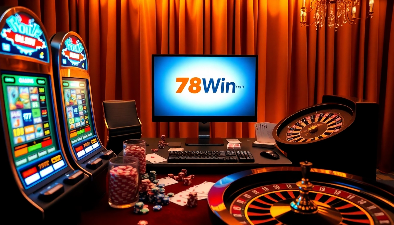 Immerse in the thrill of 78Win Com as players engage with dazzling slot machines and poker chips.