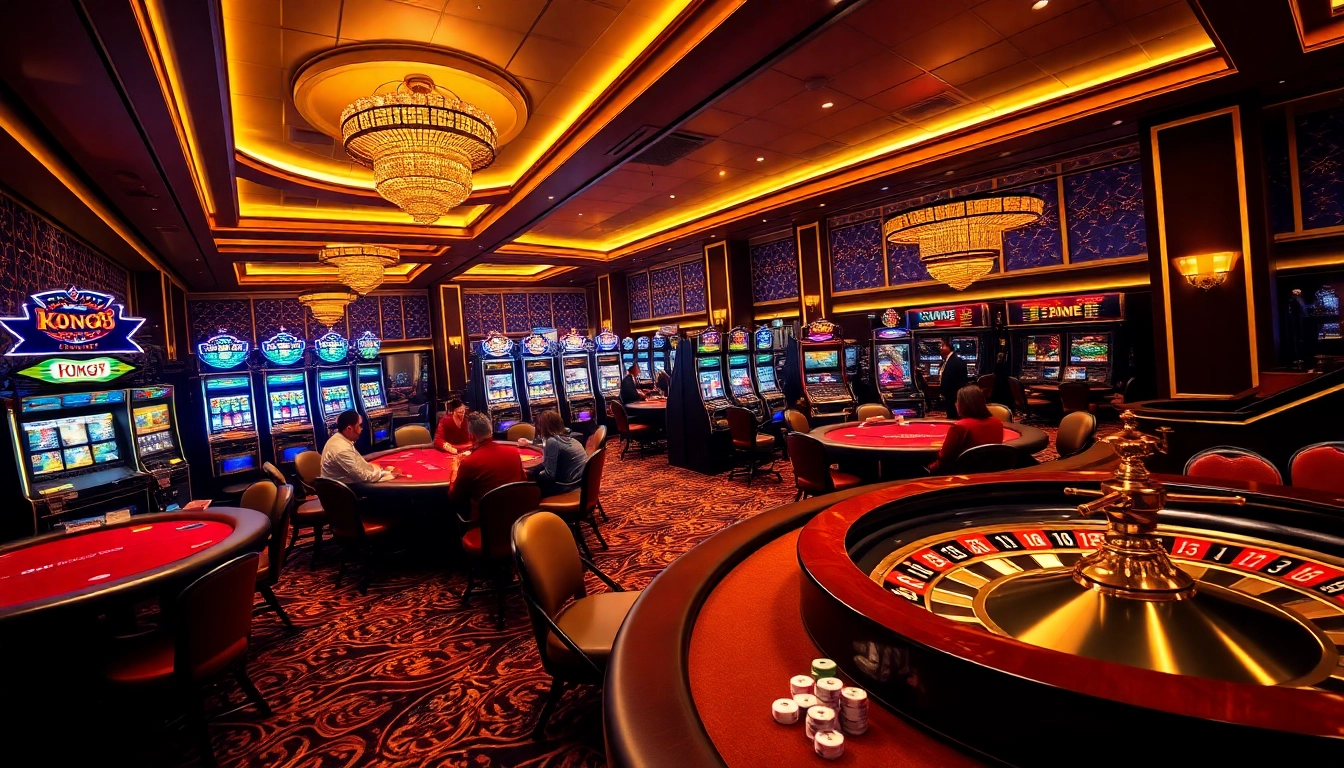 KONG88 offers thrilling casino action with vibrant slots, poker tables, and roulette wheels in an opulent setting.