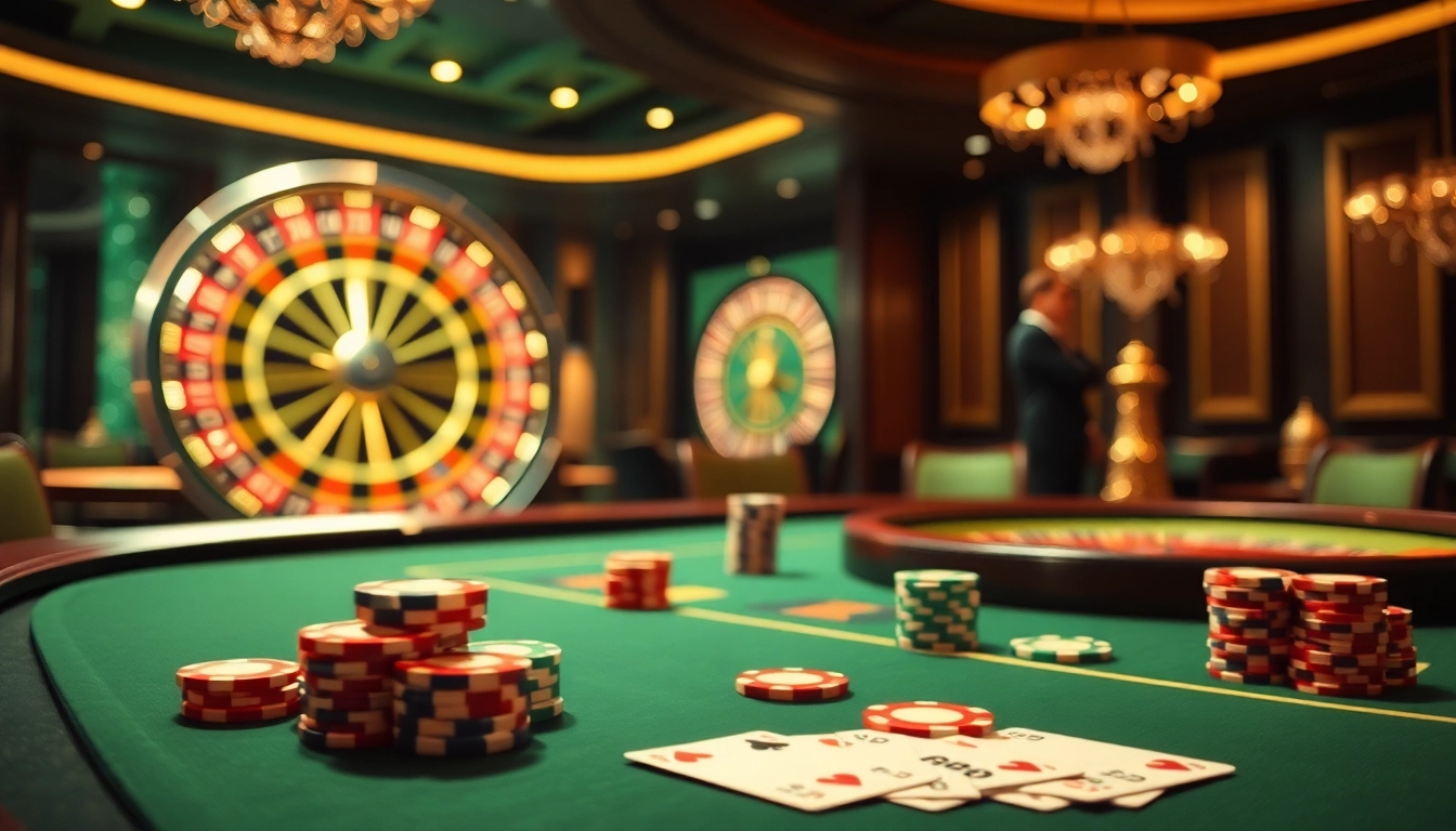 Engaging players at an xx88 casino table with vibrant poker chips and cards.