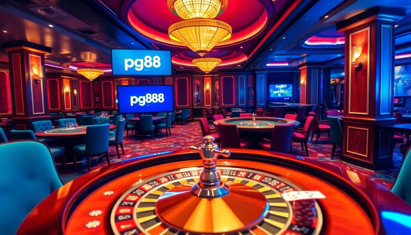 Experience the excitement of pg88 in a vibrant casino setting filled with roulette wheels and poker tables.