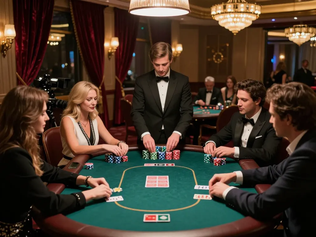 Hitclub players engaged in intense poker strategy amidst a glamorous casino setting.