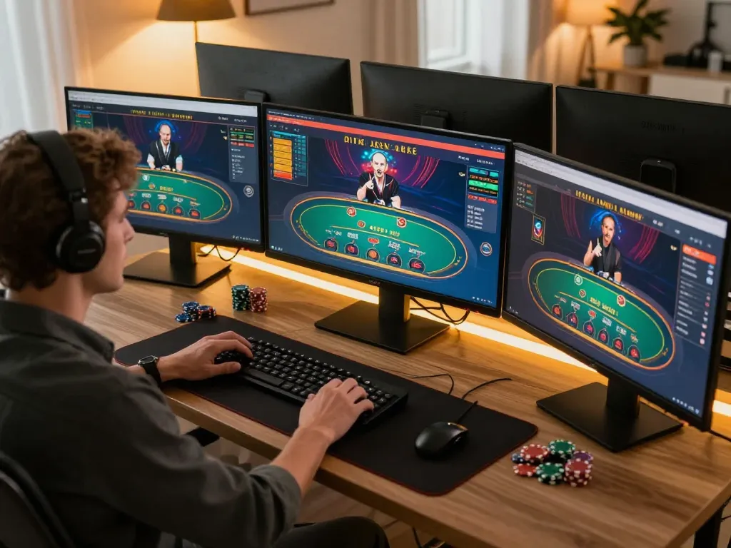 Engaged player enjoying online blackjack at uu88 with multiple screens displaying action