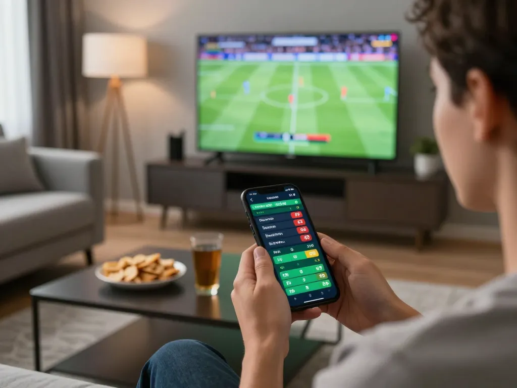 Xoilac inspired sports betting scene showing user actively placing bets on smartphone while watching live football.