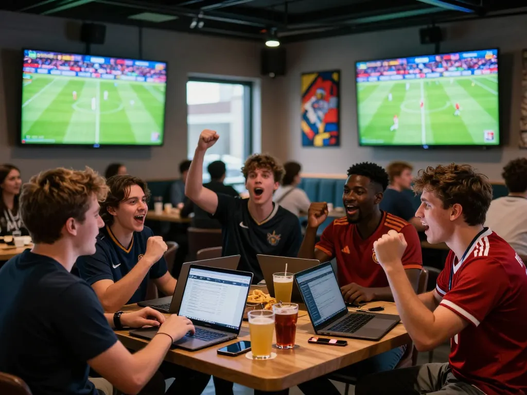 Friends enjoying a thrilling SBOBET sports betting experience in a lively lounge