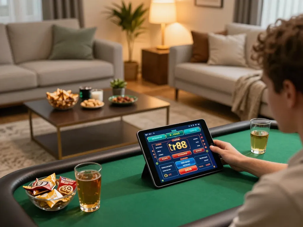 Player enjoying tr88 online gaming experience with cozy home setup and tablet.