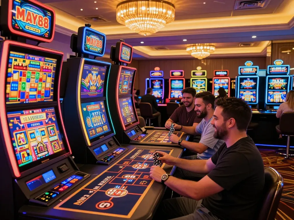 MAY88 players enjoying vibrant casino gameplay, dynamic atmosphere filled with excitement.