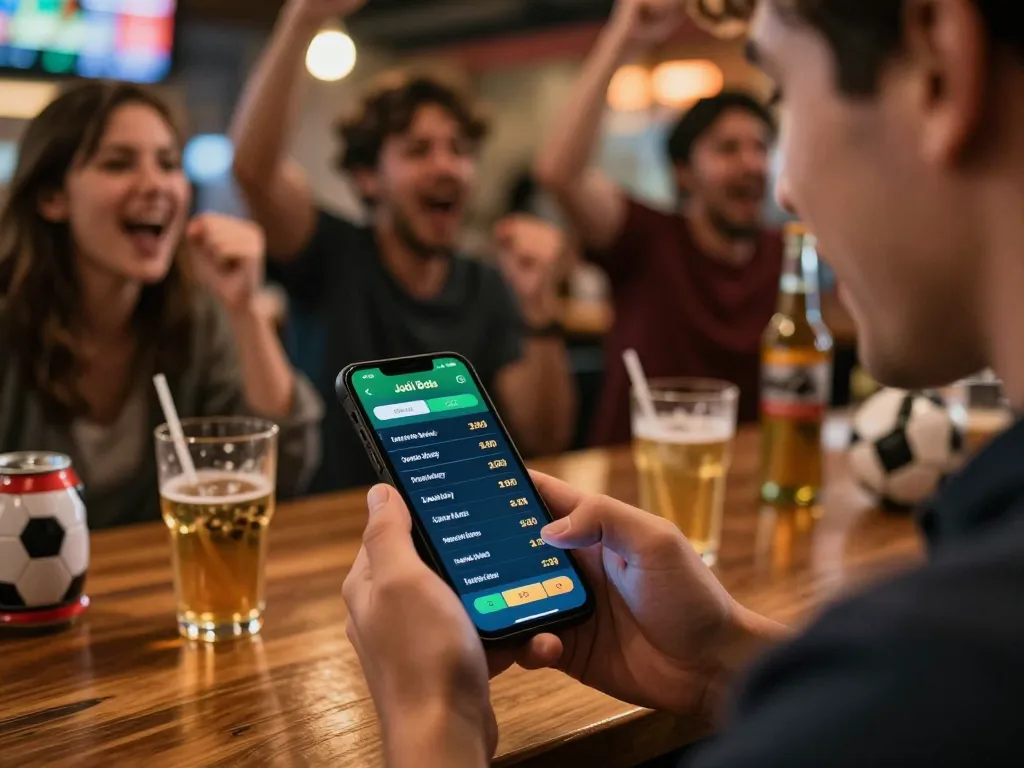 Pemain taruhan yang terlibat menganalisis peluang Judi Bola di smartphone di bar olahraga yang ramai, menekankan kegembiraan taruhan olahraga.