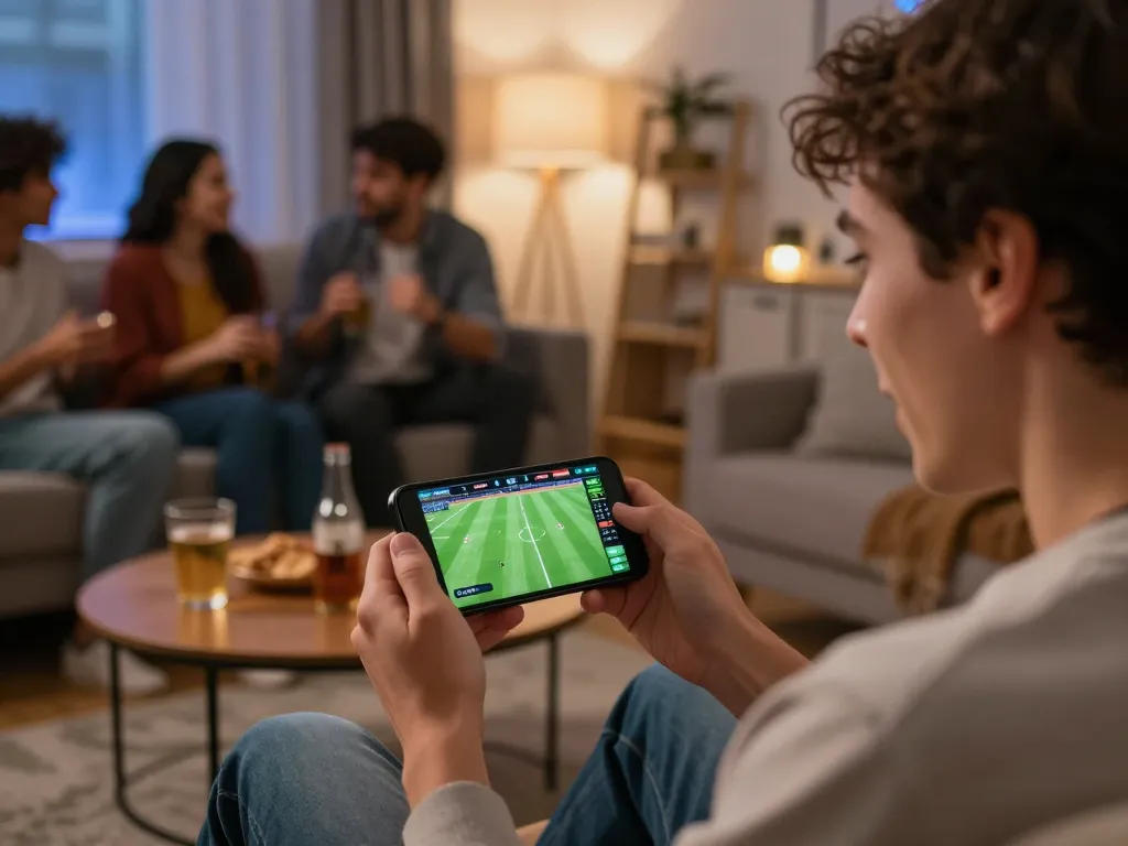 SOCOLIVE user celebrating a live soccer betting win while engaging with friends in a comfy living room.