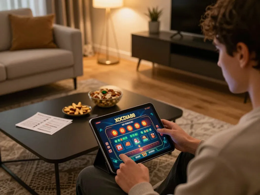 Engaging online gaming scene with XOCDIA88 app, showcasing strategic gameplay experience at home