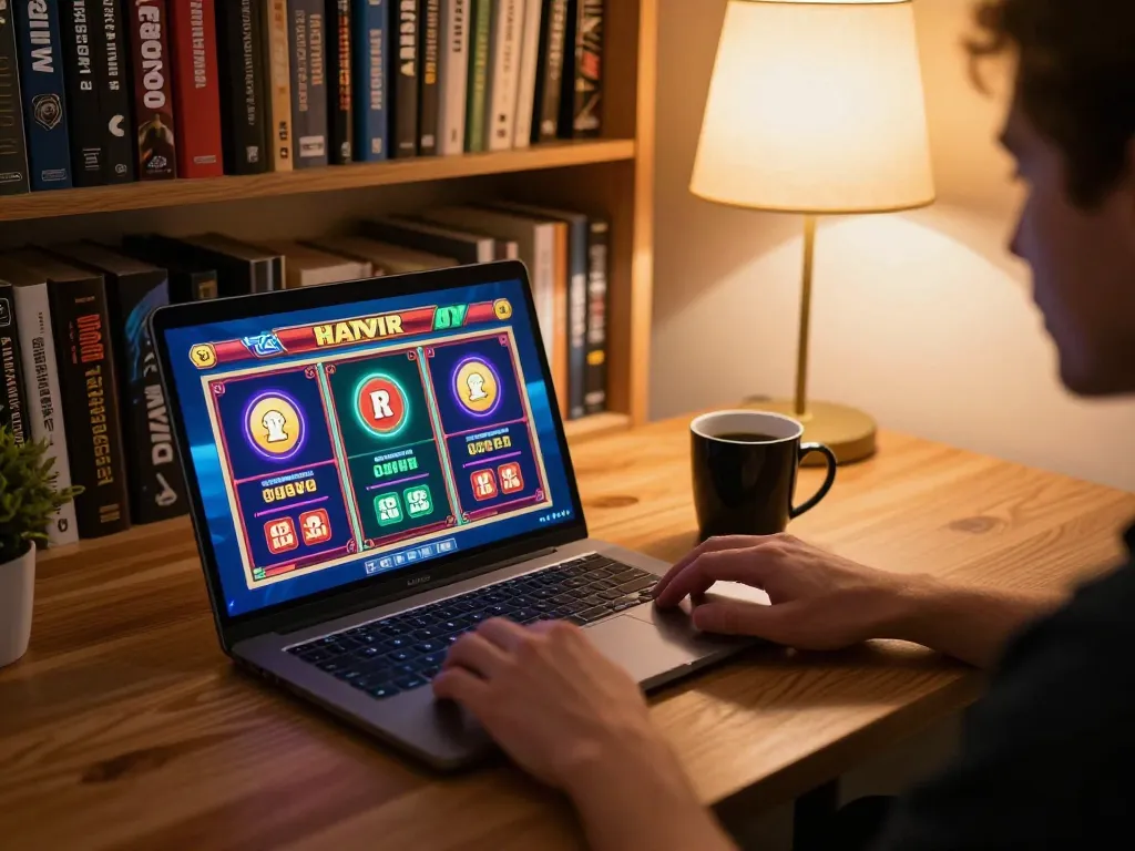 Engaging in an exciting f168 slots game on a home laptop, illustrating strategic gaming.