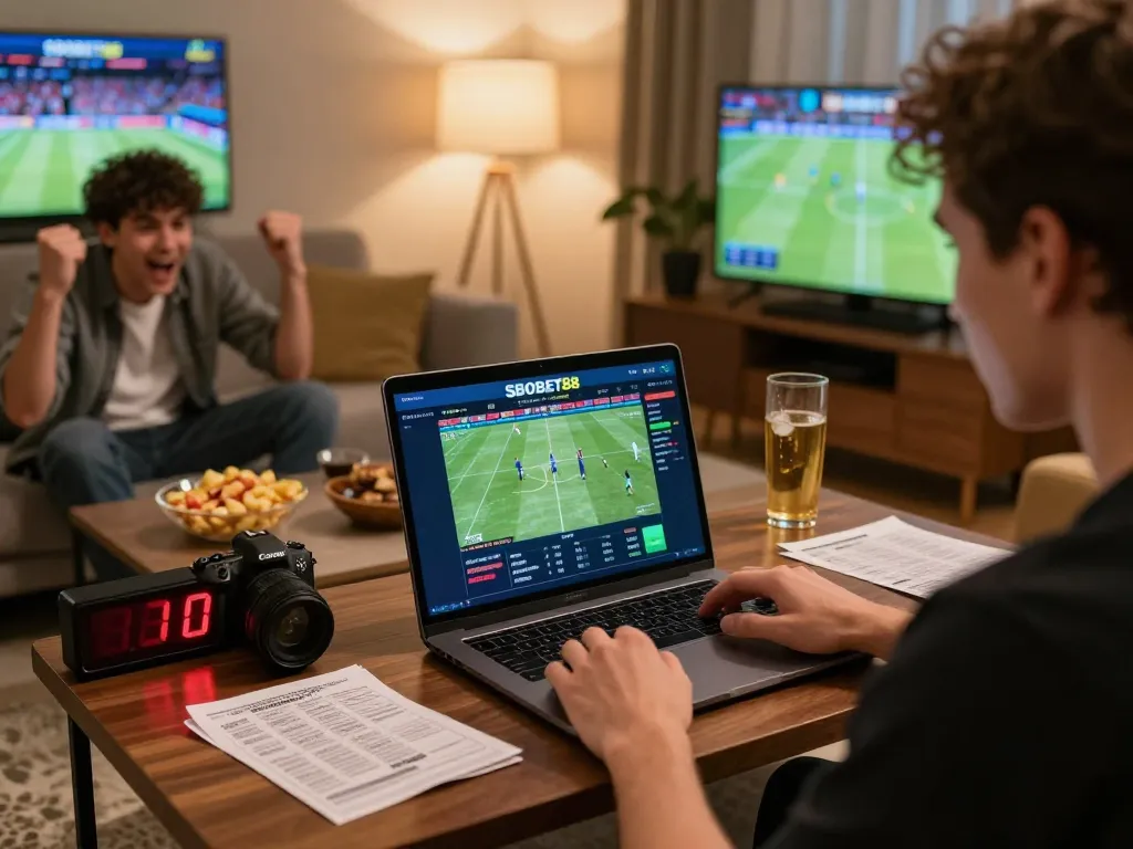 Engaged player interacting with SBOBET88 betting platform surrounded by sports memorabilia, snacks, and live game screens.