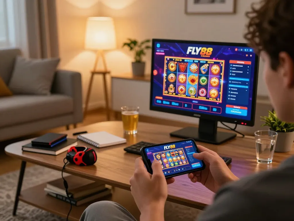 Player using Fly88 select app on smartphone for exciting mobile gambling action in a cozy living room.