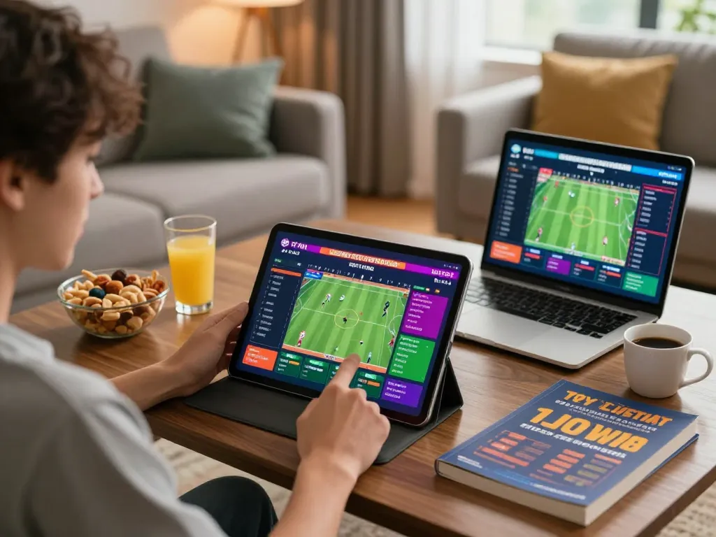 Engaging in sports betting using tỷ lệ nhà cái displayed on a tablet, cozy home atmosphere with strategy notes.