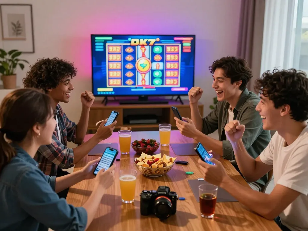 Engaged players enjoying the dk7 slot game on mobile and screen in a lively home setting.