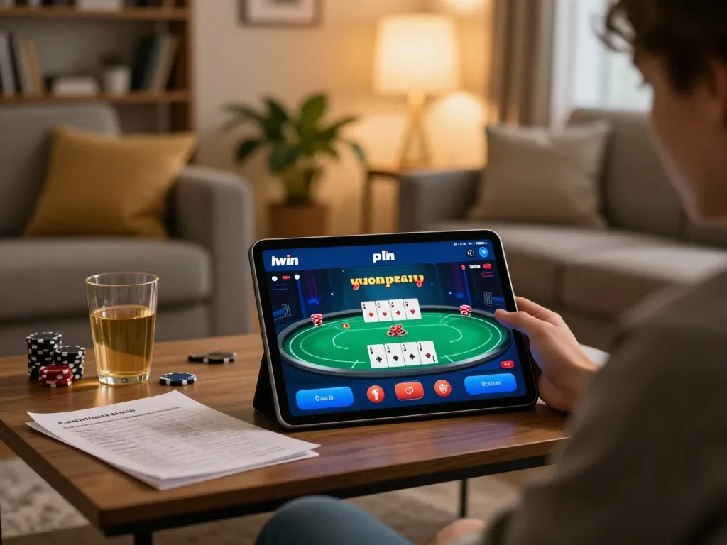 Iwin play app interface shows poker game on tablet in cozy home setting.