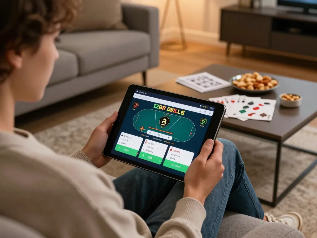 Người chơi tương tác với ứng dụng 12bet trên máy tính bảng, xung quanh là các ghi chú chiến lược trong một phòng khách ấm cúng.