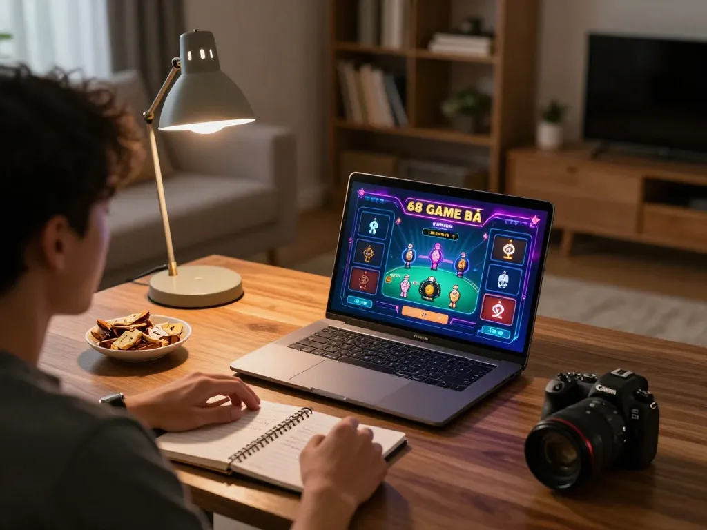 Playing 68 Game Bài on a sleek laptop in a cozy home environment, highlighting strategic gameplay.
