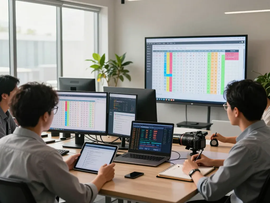 Analisis Keluaran HK di kantor modern dengan tim yang meninjau data dan proyeksi lotere