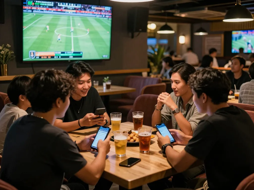 Teman-teman dengan semangat mendiskusikan taruhan Judi Bola mereka sambil menonton sepak bola langsung di sebuah bar olahraga yang meriah.