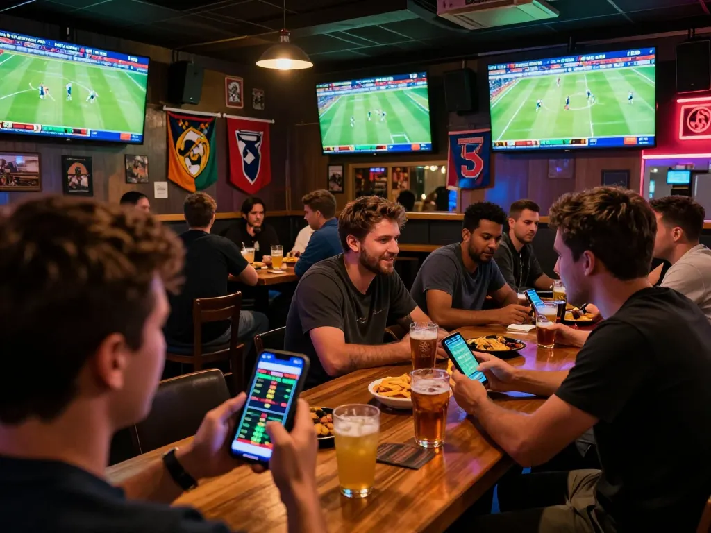 Para penggemar olahraga dengan antusias memasang taruhan pada Judi Bola selama pertandingan sepak bola langsung di sebuah bar yang ramai.