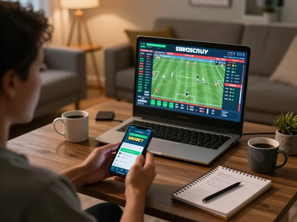 Pengguna SBOBET terlibat dalam taruhan langsung dari rumah, memperlihatkan aplikasi smartphone dan catatan strategi.