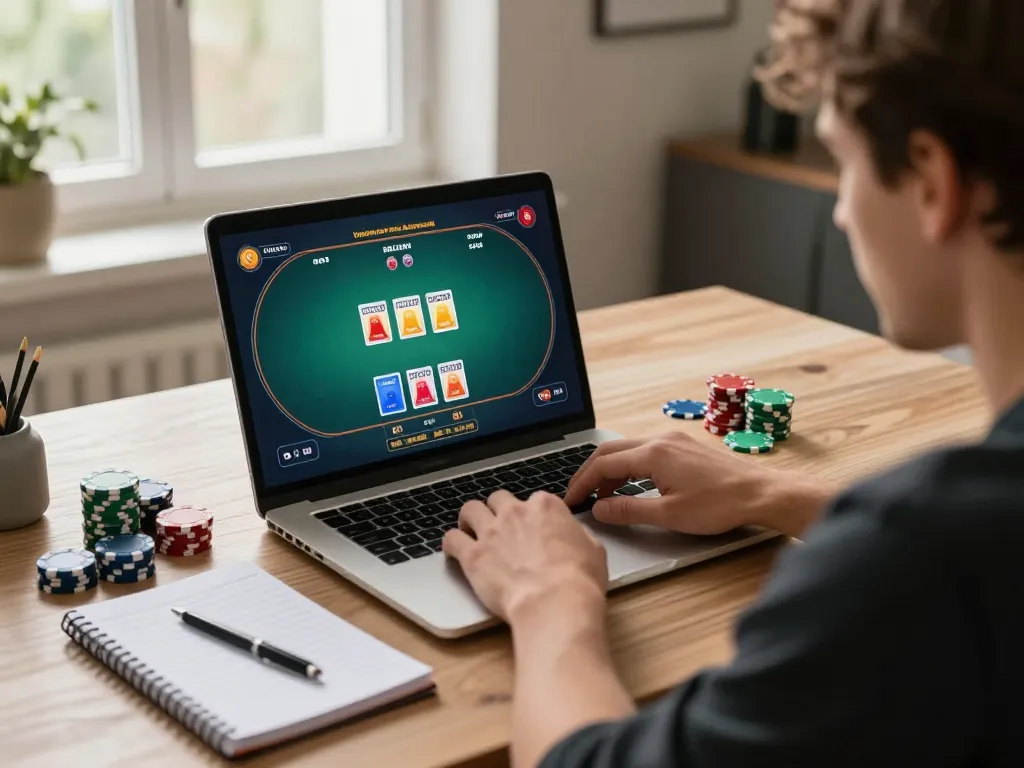 Luck8 player strategizing during an online poker game with chips and notes visible.